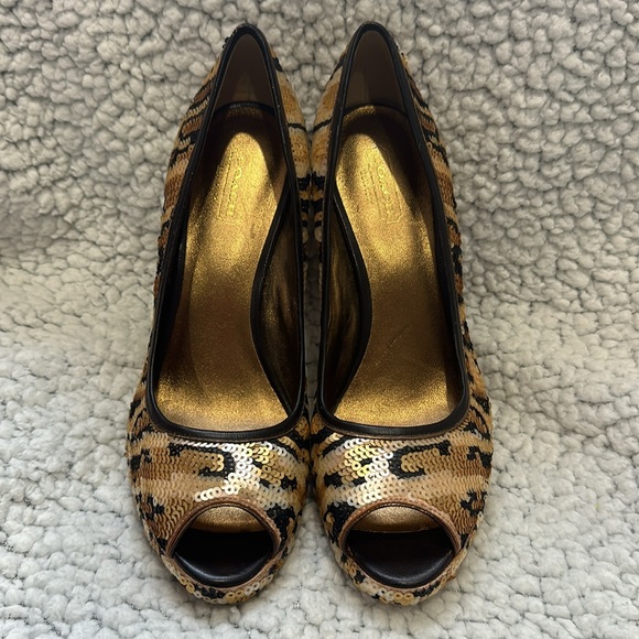 Coach black & gold sequin peeped toe heels size 7.5 B - Picture 3 of 8